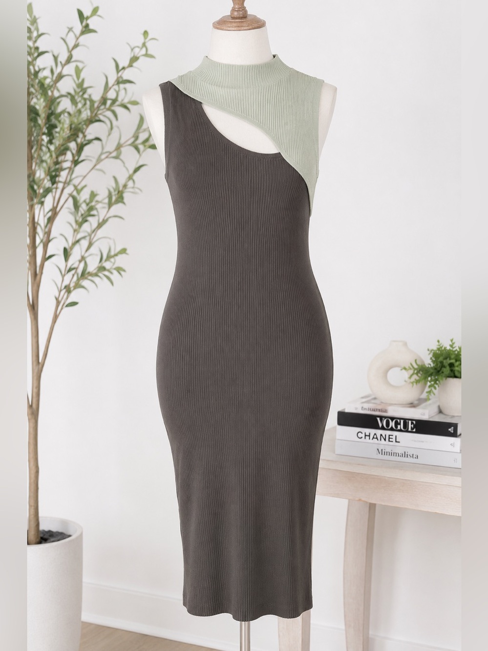 No Boundaries One-Shoulder Cutout Ribbed Midi Dress - Sage & Charcoal